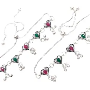 Lovemi Movements Traditional Silver-Plated Heart Anklets with Pink & Green Enamel, Ghungroo Bells, Set of 2