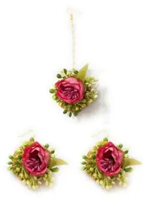 CRAnsh Creations; Crafted with Love Handmade flower maang tikka & earrings for girls women jewellery set of 1 hot pink pearls