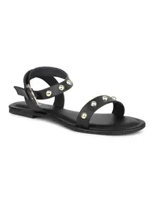 Inc.5 Women Black And Gold-Toned Studded Open Toe Flats