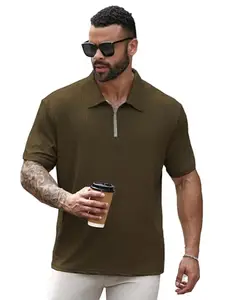 madfrog Men Solid Zip Polo Neck Cali Knit Polyester Blend Half Sleeve Regular Fit T-Shirt Olive