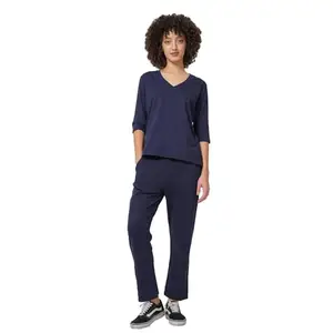 Saltpetre Women Organic Cotton Solid Navy V-Neck T-shirt with Straight Joggers Co-Ords Set (Navy, M)