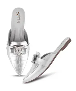 FROH FEET Women’s Mules Pointed-Toe Crocodile-Texture Sparkling Embellished Buckle Slip-On Flats for Evening workwear, festive, or casual - Silver
