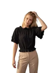 ROZZYBLUE Women’s Black Pleated Ruffle Neck Top Stylish Short Sleeve Casual Blouse for Women Elegant Lightweight Fashion Trendy Relaxed Fit Top