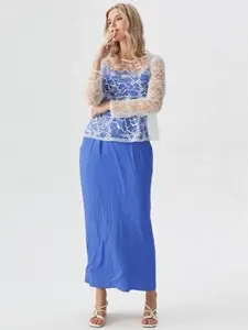 Elegant Evening Dress with Floral Lace Overlay, Royal Blue, Long Sleeve Maxi Dress with White Sheer Top, Formal Occasion Wear