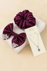 3-in-1 Women’s Accessory Combo – Luxury Satin Scrunchie, Pearl Embellished Bow Hair Clip & Evil Eye Pendant Necklace with Stud Earrings
