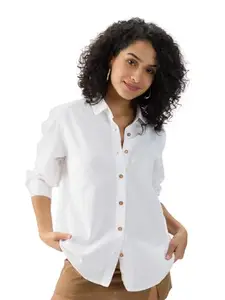 The Souled Store Cotton Linen: White Women and Girls Long Sleeves Collared Neck Button Front Solid Regular Fit Shirts