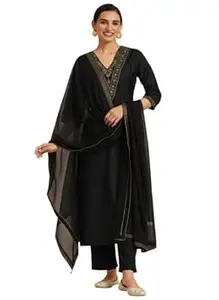 Women's Embroidered Kurta Set with Dupatta, Pink, V-Neck, 3/4 Sleeve, Straight Fit, Ethnic Wear