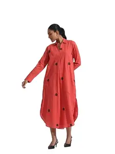 true Browns Orange Cotton Embroidered Flared Dress - 4XL