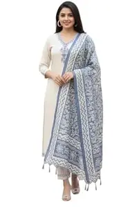 Beeget Fashion Women Khadi Cotton Embroidered Kurta Pant Set with Silk Blend Dupatta | V Neck Ethnic Suit Set | Festive & Office Wear Traditional Dress for Women