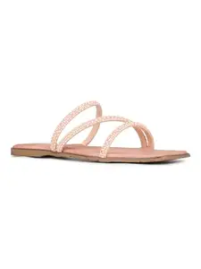 Inc.5 Womens Peach Striped Square Toe Party Wear Flat Slip-on Sandals