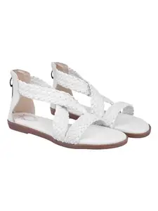 Shoetopia Braided Upper Wrap Strap White Flat Sandals For Women & Girls