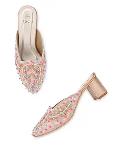 ROCIA by Regal Rose Gold Women Hand Embroidered Block Heel Mules