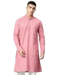 Majestic Man Men's Cotton Regular Fit Casual Mandarin Collar Ethnic Motifs Solid Long Kurta