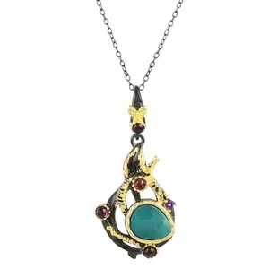 Ravishing Impressions Turquoise & Garnet Unique Design Everyday Wear 925 Sterling Silver Black Rhodium, Gold Plated Pendant with Chain