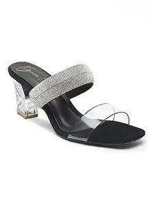 Bruno Manetti women's Black Slipon Back Open With Upper Mirror Stone Square Toe Comfort Heel's