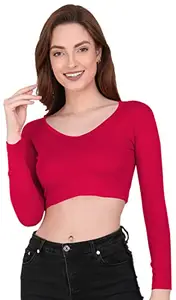THE BLAZZE 1109 Women's Cotton Basic Sexy Solid V Neck Slim Fit Full Sleeve Saree Readymade Saree Blouse Crop Top T-Shirt for Women (Large, Dark Pink)