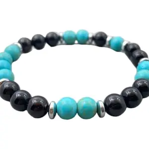 LKBEADS Turquoise & Black Onyx Bracelet - Beaded Bracelet for Men And Women, Unique Boho Jewelry Gift - Handmade Stylish Accessory|8mm Round|Smooth|Black & Green|SRC_LI_000561