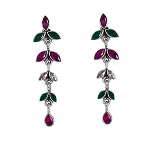 Shyle 925 Sterling Silver Dangle & Drop Earrings, Essence Fine Petal Layered Earring, Well Stamped with 92.5, Statement Piece, Traditional Oxidized Silver Earrings with Stones, Gift for Her