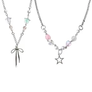 SNOWY SHOP 2pcs Coquette Pink Bow Heart Star Silver Necklace – Trendy Stylish Jewelry for Girls & Women | Festive Diwali & Karwa Chauth Gift
