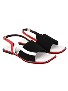 Do Bhai Solid Square Toe Black & Red Flat Sandals For Women & Girls/UK3