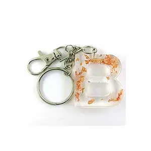 B Letter / Alphabets Handmade Resin Keychain by LFF by Soniya Themed in Dried Natural Flowers / Glitters /Stones / Gold-Silver-Copper Flakes Filled for Men and Women - Letter "B" (Design#5)