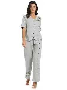 Global Republic Jute Blend Textured Embroidered V-Neck Co-ord Set For Women (JV2511, Light Blue, S)