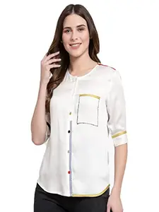 SHAYE White Casual 3/4th Sleeves Round Neck Shirt for Women