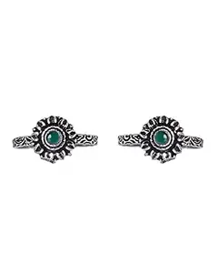 TEEJH Kaina Green Stone Silver Oxidised Toe Rings for Women
