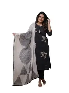 Women's Chanderi Silk Embroidery kurti set for woman Kurta Pant Set with pure cotton Dupatta for Women 3 Piece Festive Kurti Set