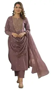 ANNI Designer Women’s Viscose Straight Printed Embroidery Kurta with Pant & Dupatta | Long Sleeve Ethnic Kurta Set for Women | Casual Office, Daily, Party Outfits