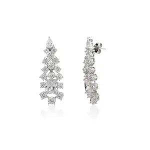 METALM 925 Sterling Silver Cubic Zircon Earrings- Handmade Elegant Dangle Cluster Earrings- Diamond Earrings For Mom- Bridal Wedding Jewelry (CSJ194)