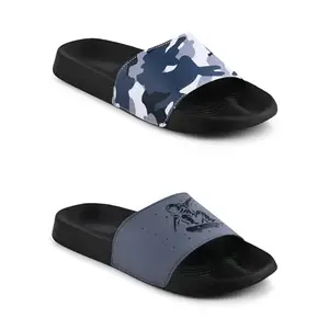 PERY-PAO Combo Sliders Pack of 2 Mens Blue, Grey, Black, White Flip Flop & Slippers
