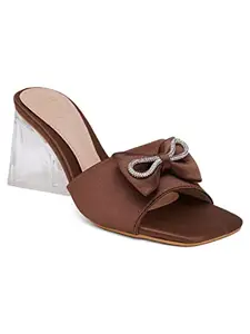 Shuz Touch Women Bow Detail Satin Upper Transparent Slip On Heels Sliper - Brown