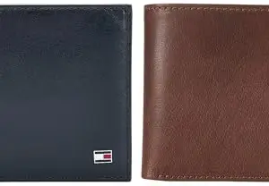Tommy Hilfiger Brown Leather Men's Wallet (8903496147858) Elkhom Leather Global Coin Wallet for Men - Navy, 4 Card Slots