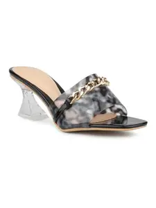 Inc.5 Women Black Printed And Gold-Toned Embellished Block Heels With Buckles Detail