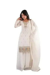 Orriva Womens Heavy Faux Georgette Full Sleeves Round Neck Flared Kurti Featuring 5mm Embroidery Sequence and Floral Design with Palazzo and Dupatta 3 Piece Ethnic Wear