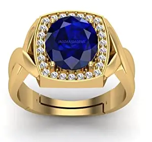 JAGDAMBA GEMS 16.25 Ratti 15.55 Carat Lab - Certified Unheated Untreatet AAA+ Quality Natural Blue Sapphire Neelam Gold Plated Adjustable Gemstone Ring for Women's and Men's