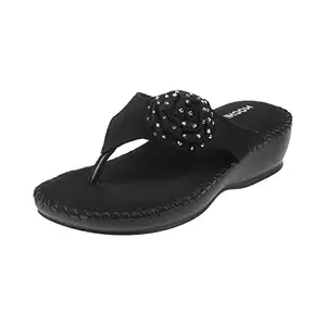 Mochi Women's Black Suede Faux Leather Comfort Fashion Slip-on Sandal with Embellished Flower Details UK/6 EU/39 (44-2)