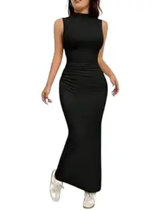 Mock Neck Sleeveless Bodycon Cotton Maxi Dress for Women – Figure Hugging Stretch Long Dress, Elegant Casual Outfit for Summer, Evening Night