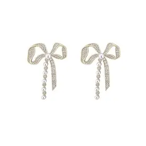 STYLISH PEHNAWA Korean Needle Big Crystal Bowknot Pearl Earrings Trending New Luxury Women's Stud Earrings For Women & Girls