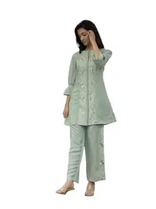 Grow up Enterprises Women's Solid Viscose Rayon Co-Ord Set | Two Piece Dress | Outdoor Wear (N.C) (Medium, Pista)