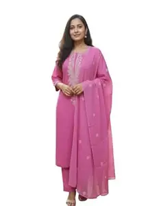 Cotton Embroidered Kurti Set with Pant and Dupatta, Traditional Indian Ethnic Wear, 3 Piece Suit