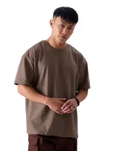 The Souled Store Solids: Brown Sugar Mens and Boys Oversized fit Half Sleeve Cotton Brown Color Oversized T-Shirts