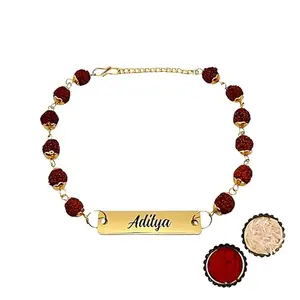Personalized Rudraksha Rakhi Bracelet with Name Tag, Traditional Handmade Spiritual Raksha Bandhan Gift, Gold-Plated