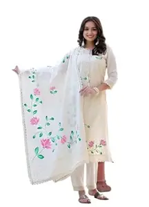 LUXEORAA Women's Cotton Hand-Painted Chicken Shifli Straight Kurti With Pant and Mulmul Dupatta Set