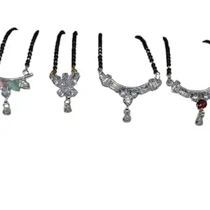 Prihu Trends Crystal Mangalsutra for Women with Black Beads Chain, Silver Pendant (Pack of 4)