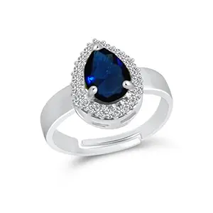 VSHINE FASHION JEWELLERY VSHINE Adjustable Ladies Ring Exclusive Collection Drop Sapphire Blue Coloured Zirconia American Diamond Rhodium Silver Plated Fashion Jewellery Rings for Women, Girls, Girlfriend & Wife-VSFR1366G