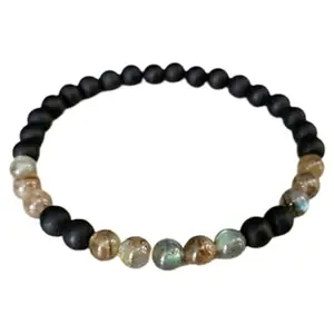 RRJEWELZ Natural Labradorite & Shungite Round Shape Smooth Cut 6mm Beads 7.5 inch Stretchable Bracelet for Healing, Meditation, Prosperity, Good Luck | STBR_04670