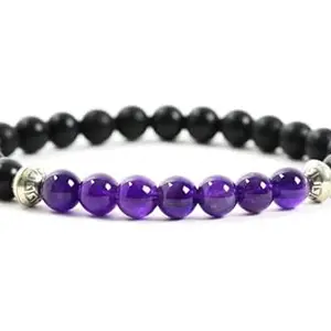 LKBEADS Natural Amethyst & Black Onyx 8mm Round Shape Smooth Cut Beads 8 inch Stretchable Bracelet for Men & Women|STBR_RR_00451_80