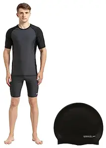 Speedo Men's Short Sleeve Sun Top (Size: 42, Oxid Grey/Black) 8709910001 Flat Silicone Cap